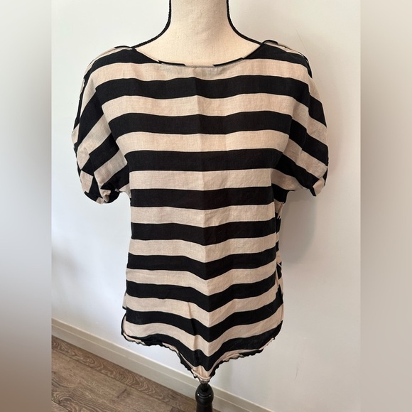 Zara Linen Cotton Striped Black and Cream  Top SZ XS/S EUC - Picture 1 of 7